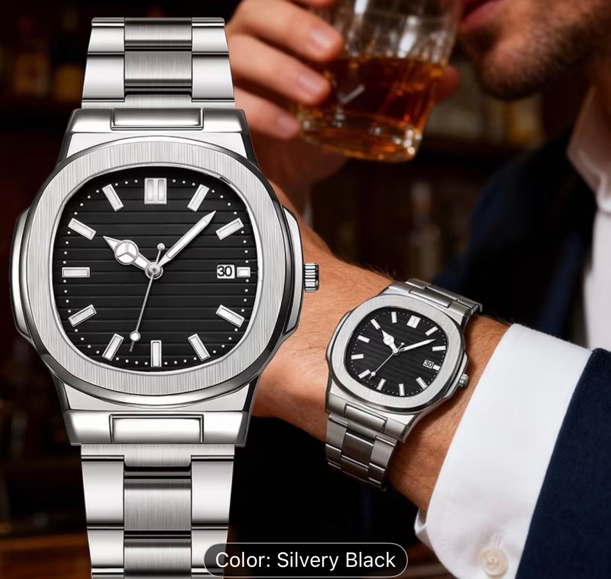 "Midnight Nautilus – Sleek Black Integrated Luxury Watch"