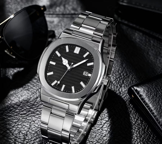 "Midnight Nautilus – Sleek Black Integrated Luxury Watch"