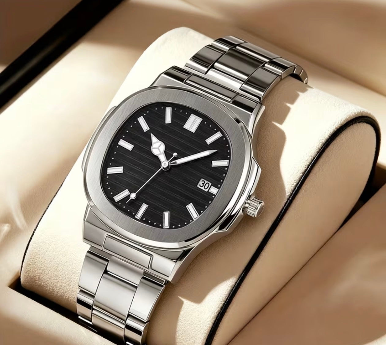 "Midnight Nautilus – Sleek Black Integrated Luxury Watch"