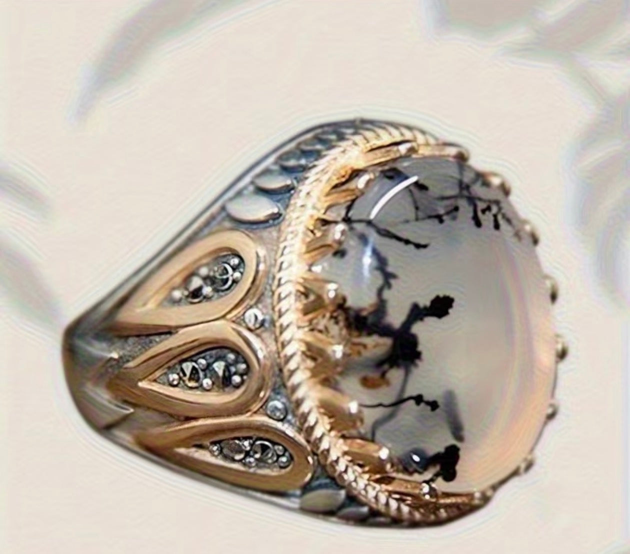 "Dendritic Agate Ring – Black Tree Inclusions in Milky Stone, Gold & Silver Men's Band