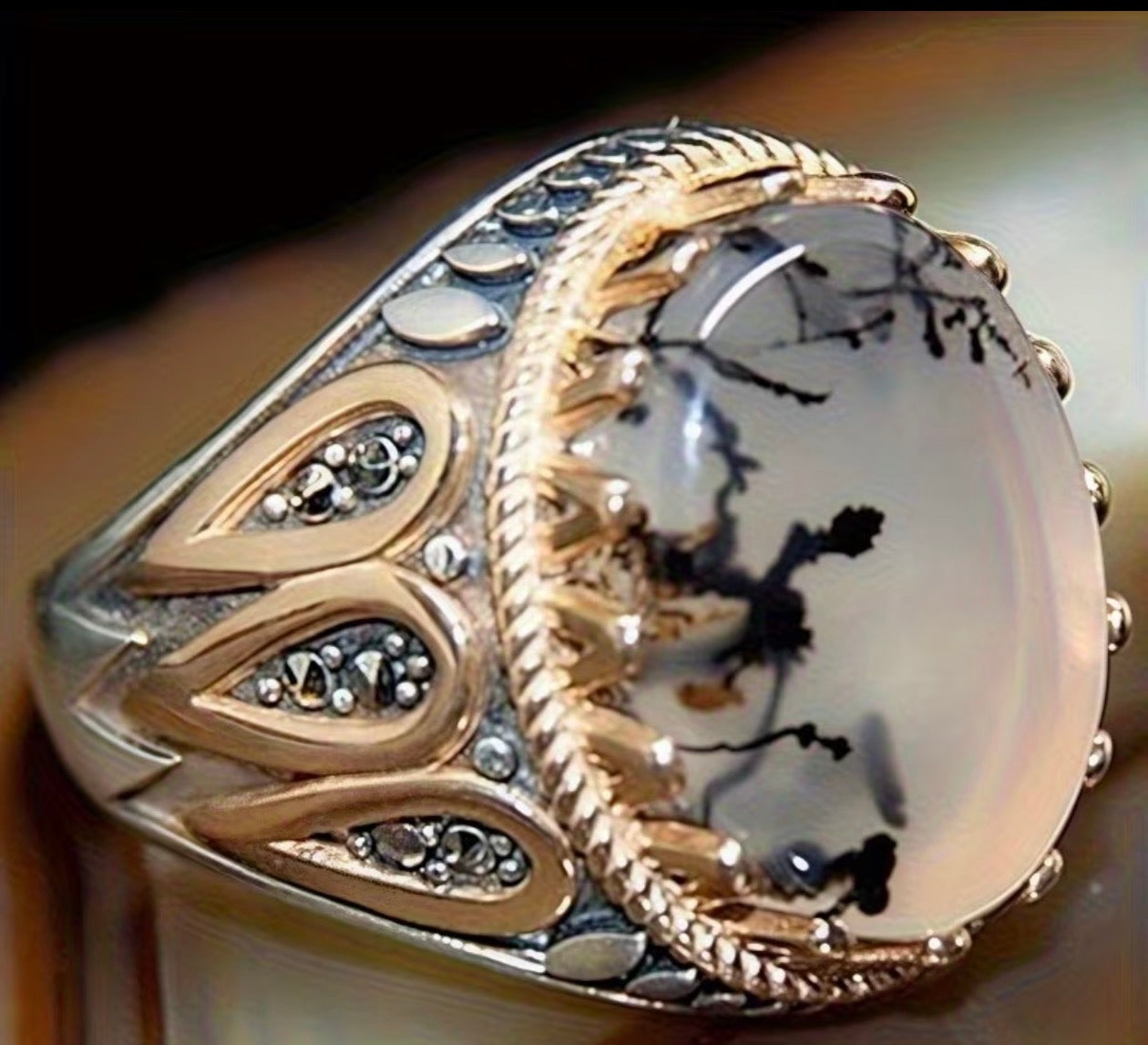 "Dendritic Agate Ring – Black Tree Inclusions in Milky Stone, Gold & Silver Men's Band