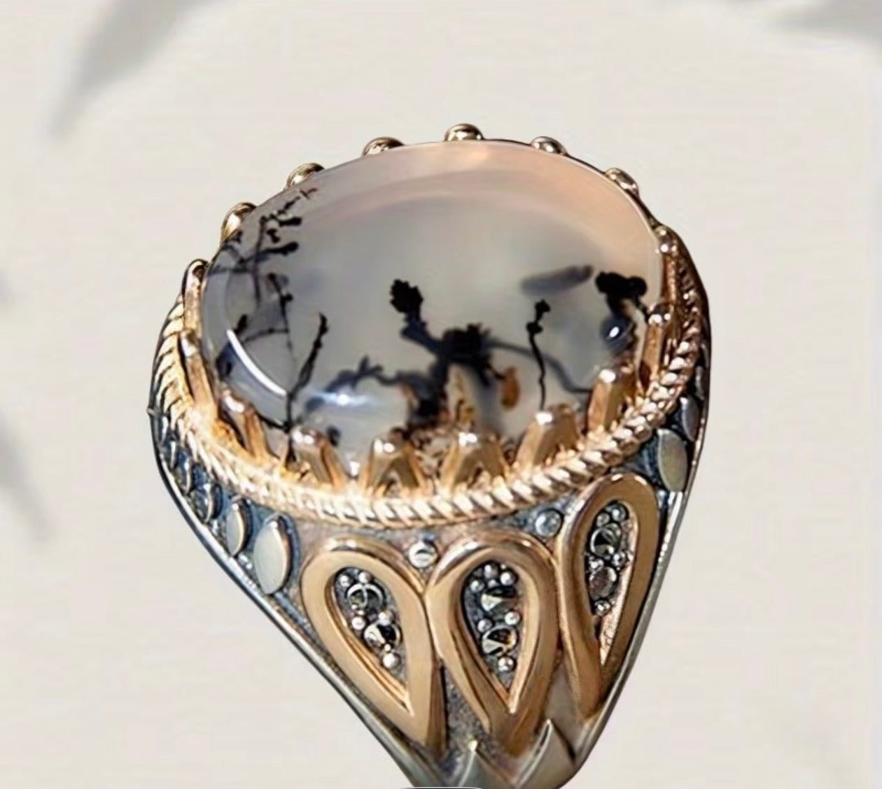 "Dendritic Agate Ring – Black Tree Inclusions in Milky Stone, Gold & Silver Men's Band